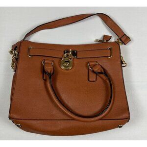 Michael Kors Women Large Hamilton Tan Pebbled Leather Satchel Gold Padlock Bag